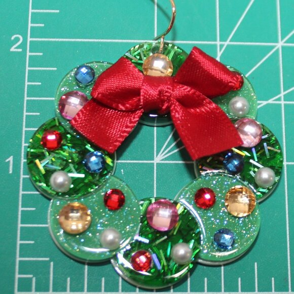 Glitter Resin Holiday Wreath with Multicolor Rhinestones and Red Bow - Picture 5 of 9